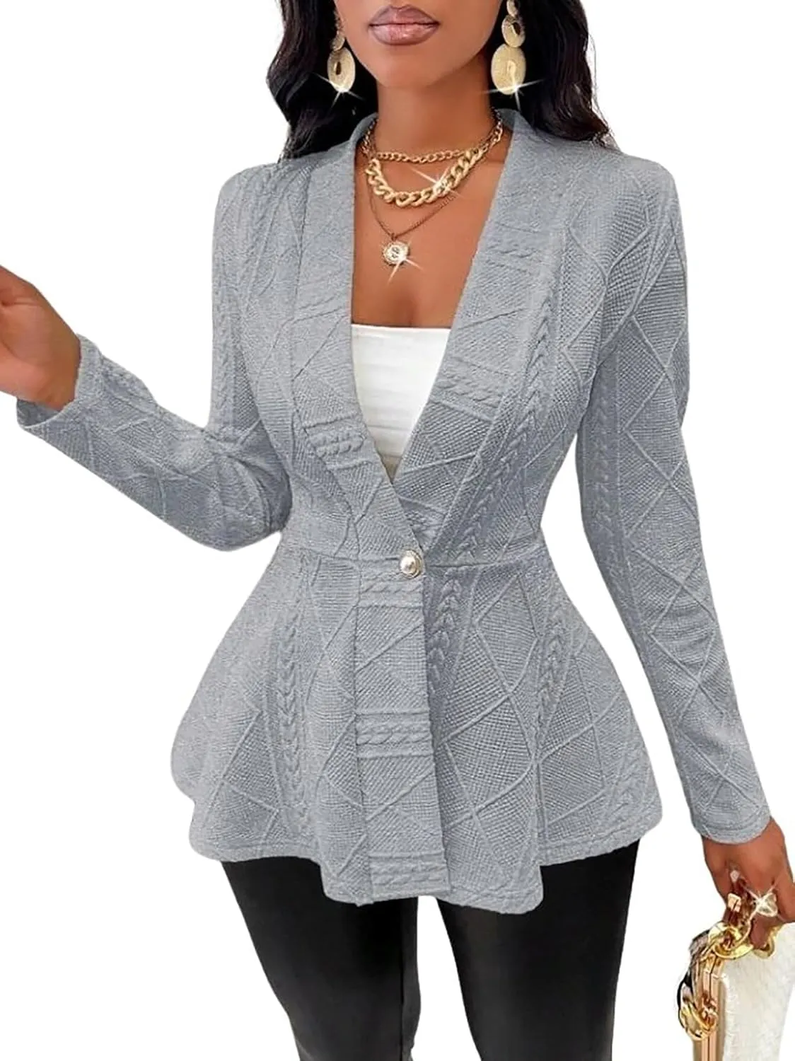 utcoco Women's 2025 Textured Peplum Blazers Business Casual Single Button Shawl Collar Long Sleeve Blazer Jacket