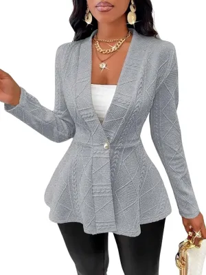 utcoco Women's 2025 Textured Peplum Blazers Business Casual Single Button Shawl Collar Long Sleeve Blazer Jacket