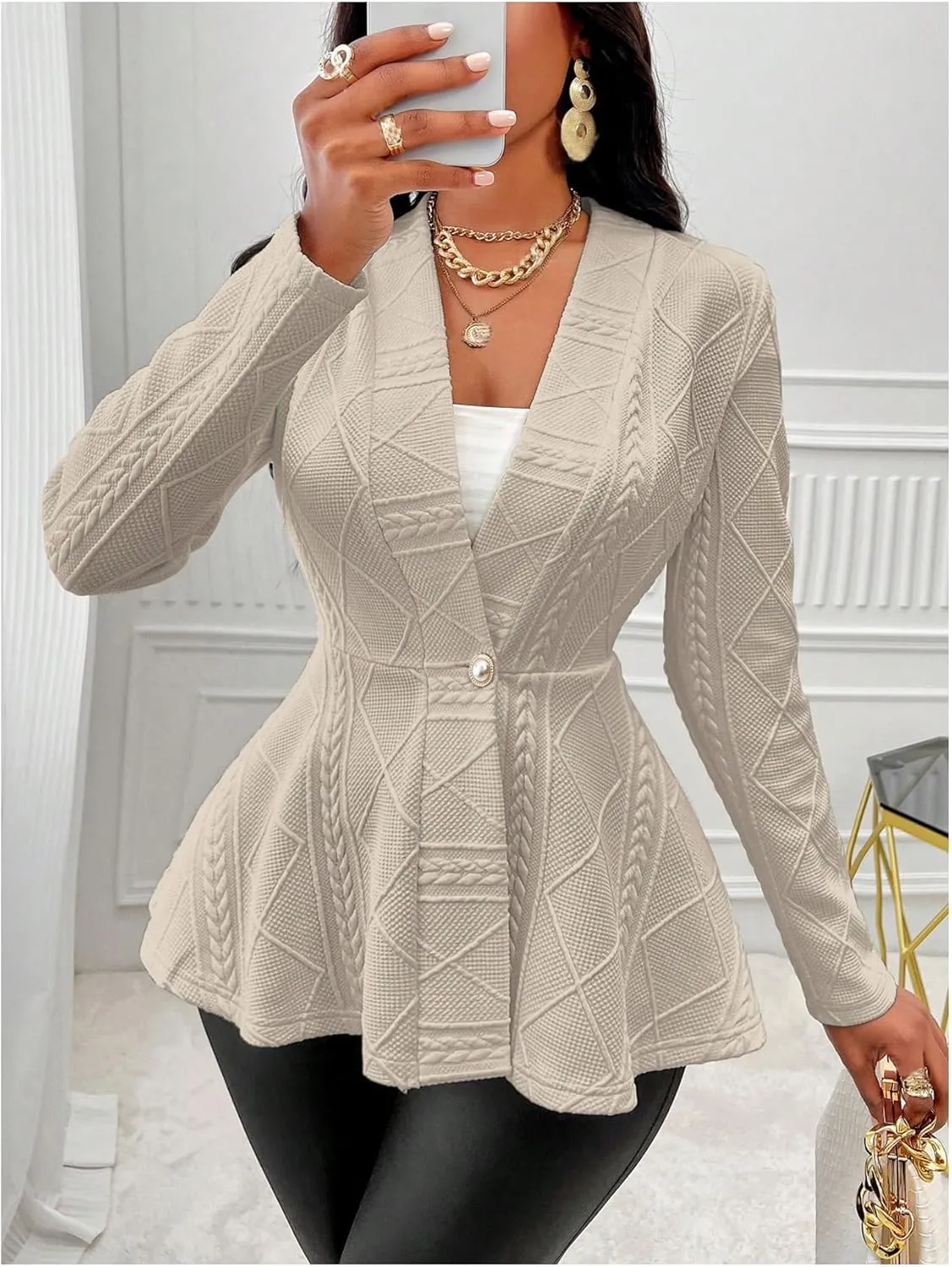 utcoco Women's 2025 Textured Peplum Blazers Business Casual Single Button Shawl Collar Long Sleeve Blazer Jacket
