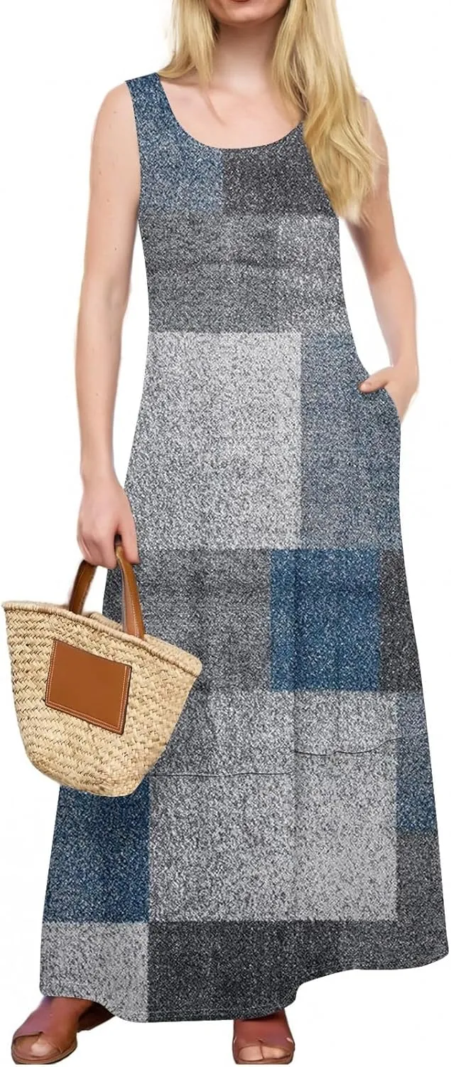 Vacation Dresses for Women 2025 Floral Printed Sleeveless Midi Dress Swing Tank Tshirt Sundresses with Pockets