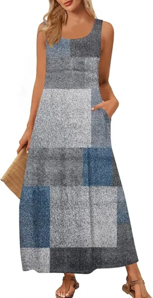 Vacation Dresses for Women 2025 Floral Printed Sleeveless Midi Dress Swing Tank Tshirt Sundresses with Pockets