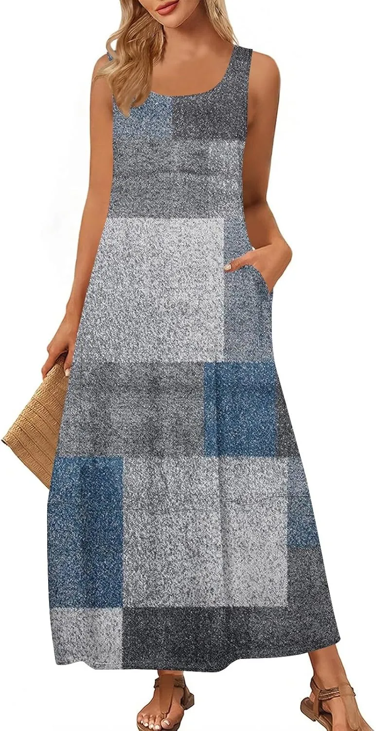 Vacation Dresses for Women 2025 Floral Printed Sleeveless Midi Dress Swing Tank Tshirt Sundresses with Pockets