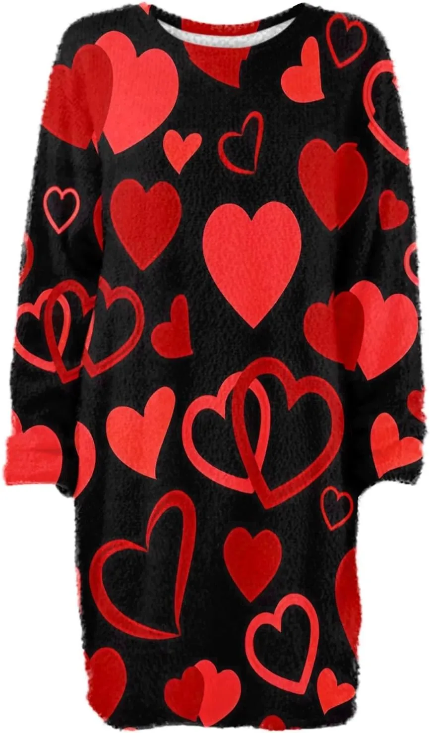 Valentines Day Dress for Women Round Neck Casual Long Sleeve Plush Plaid Dresses