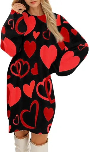 Valentines Day Dress for Women Round Neck Casual Long Sleeve Plush Plaid Dresses