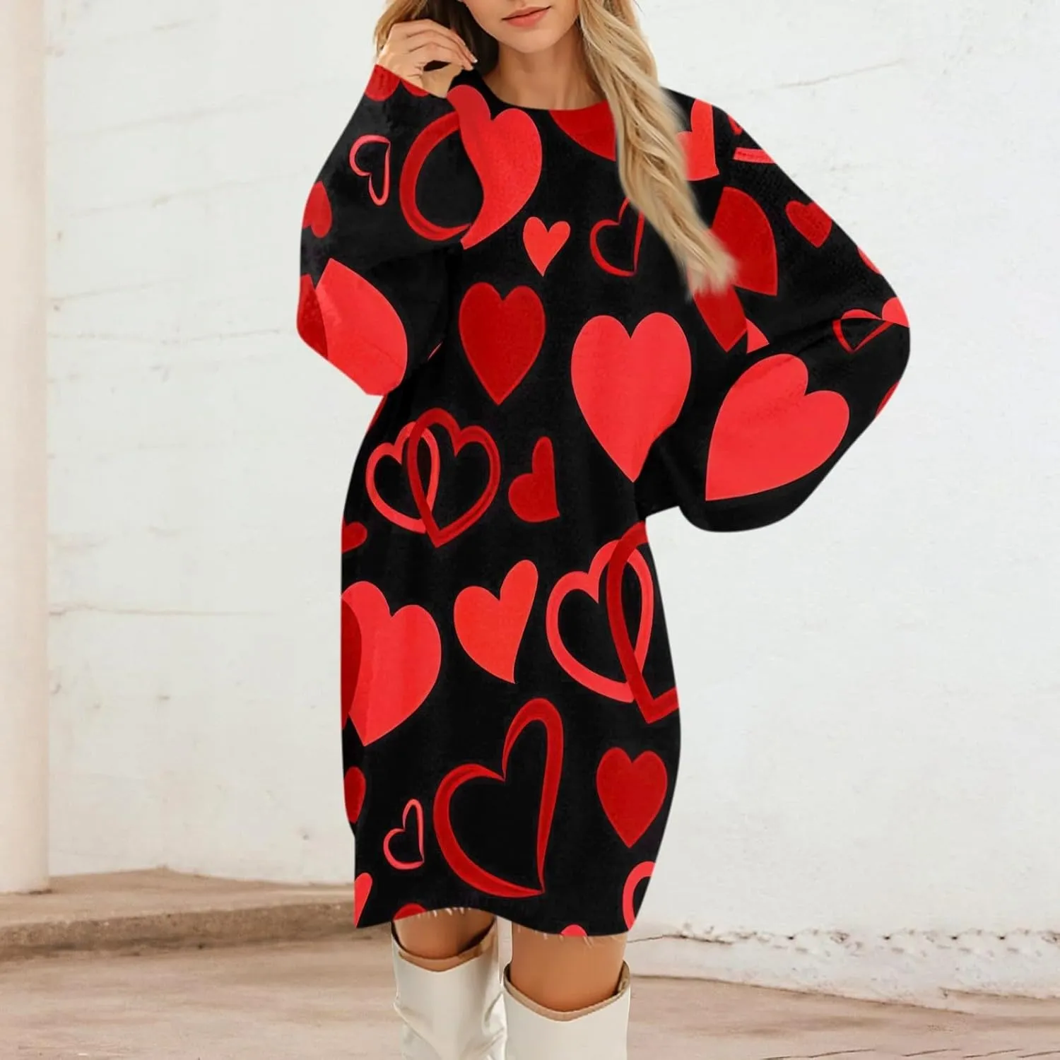 Valentines Day Dress for Women Round Neck Casual Long Sleeve Plush Plaid Dresses