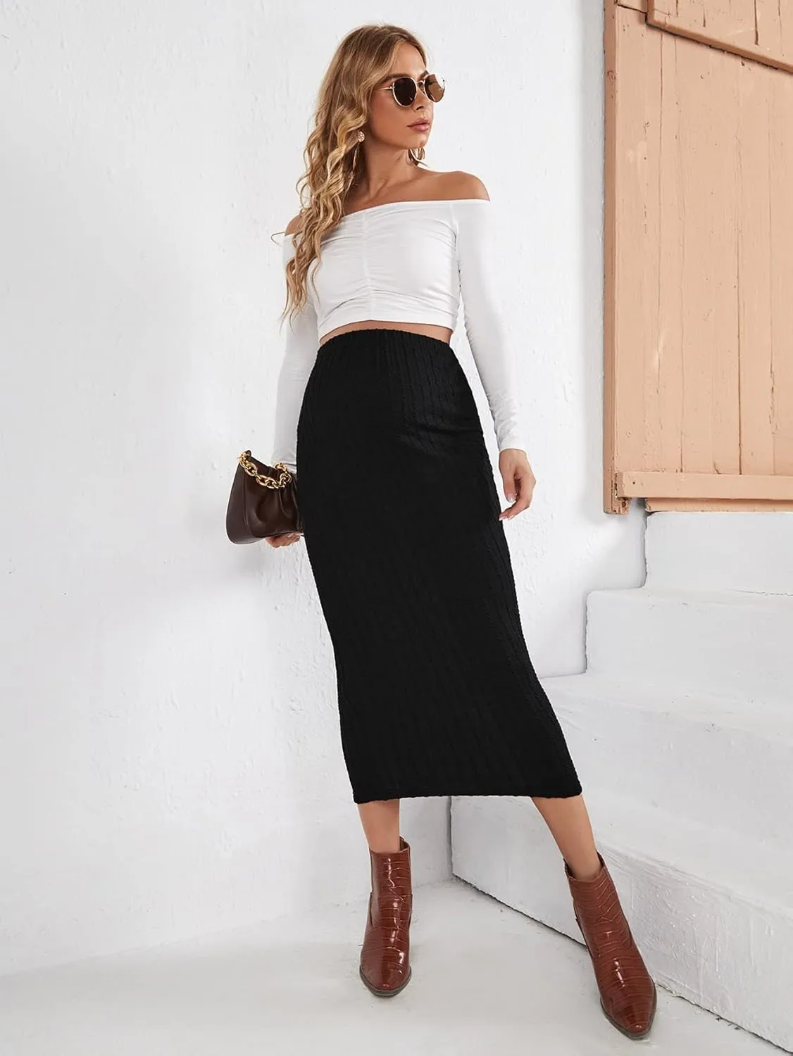 Verdusa Women's Maternity High Waist Cable Knit Long Pencil Skirt