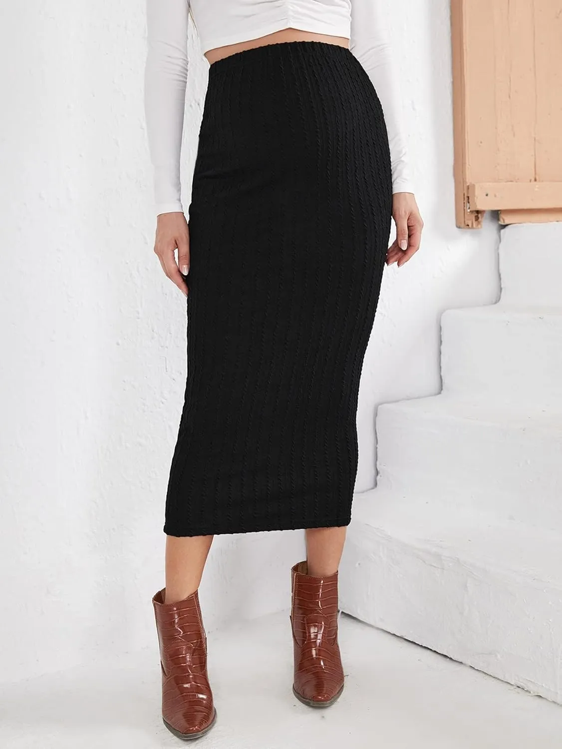 Verdusa Women's Maternity High Waist Cable Knit Long Pencil Skirt
