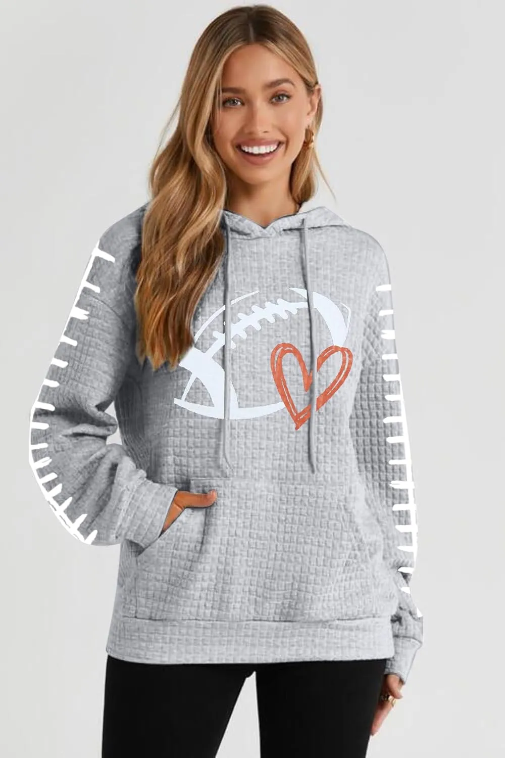 VILOVE Game Day Hooded Sweatshirt Women Funny Football Graphic Shirt Waffle Knit Game Day Pullover Hoodies Long Sleeve