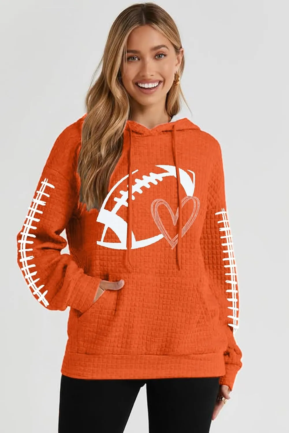 VILOVE Game Day Hooded Sweatshirt Women Funny Football Graphic Shirt Waffle Knit Game Day Pullover Hoodies Long Sleeve