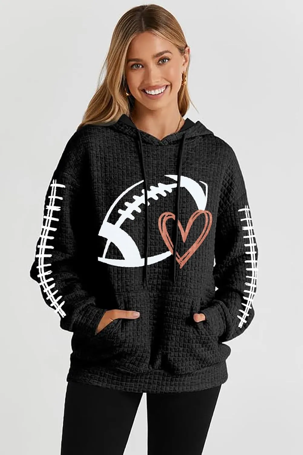 VILOVE Game Day Hooded Sweatshirt Women Funny Football Graphic Shirt Waffle Knit Game Day Pullover Hoodies Long Sleeve