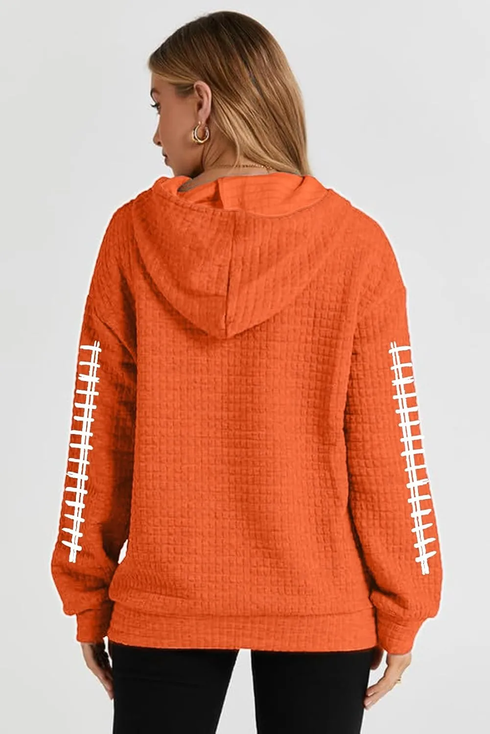 VILOVE Game Day Hooded Sweatshirt Women Funny Football Graphic Shirt Waffle Knit Game Day Pullover Hoodies Long Sleeve