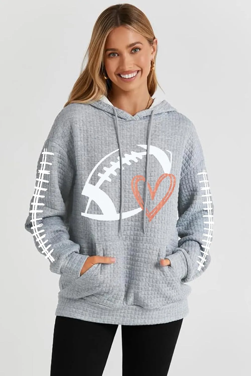 VILOVE Game Day Hooded Sweatshirt Women Funny Football Graphic Shirt Waffle Knit Game Day Pullover Hoodies Long Sleeve