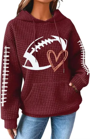 VILOVE Game Day Hooded Sweatshirt Women Funny Football Graphic Shirt Waffle Knit Game Day Pullover Hoodies Long Sleeve