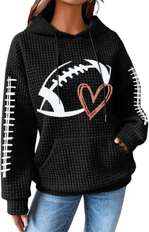 VILOVE Game Day Hooded Sweatshirt Women Funny Football Graphic Shirt Waffle Knit Game Day Pullover Hoodies Long Sleeve
