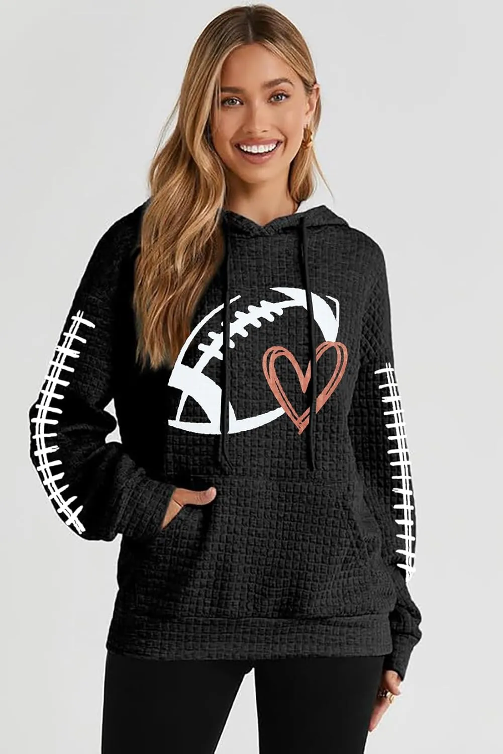 VILOVE Game Day Hooded Sweatshirt Women Funny Football Graphic Shirt Waffle Knit Game Day Pullover Hoodies Long Sleeve