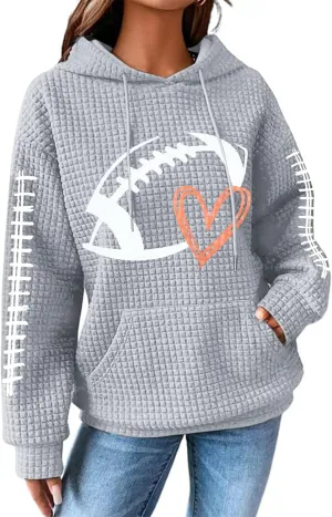 VILOVE Game Day Hooded Sweatshirt Women Funny Football Graphic Shirt Waffle Knit Game Day Pullover Hoodies Long Sleeve