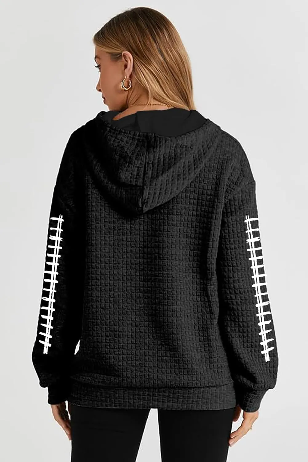 VILOVE Game Day Hooded Sweatshirt Women Funny Football Graphic Shirt Waffle Knit Game Day Pullover Hoodies Long Sleeve