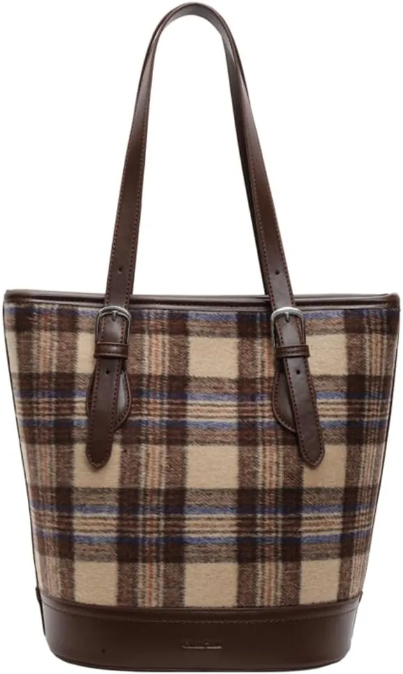 Vintage Furry Shoulder Bags for Women Large Woolen Cloth Tote Purse Trendy Checkered Bucket Handbag Top Handle Satchel