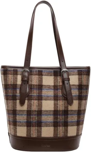 Vintage Furry Shoulder Bags for Women Large Woolen Cloth Tote Purse Trendy Checkered Bucket Handbag Top Handle Satchel