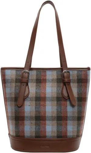 Vintage Furry Shoulder Bags for Women Large Woolen Cloth Tote Purse Trendy Checkered Bucket Handbag Top Handle Satchel