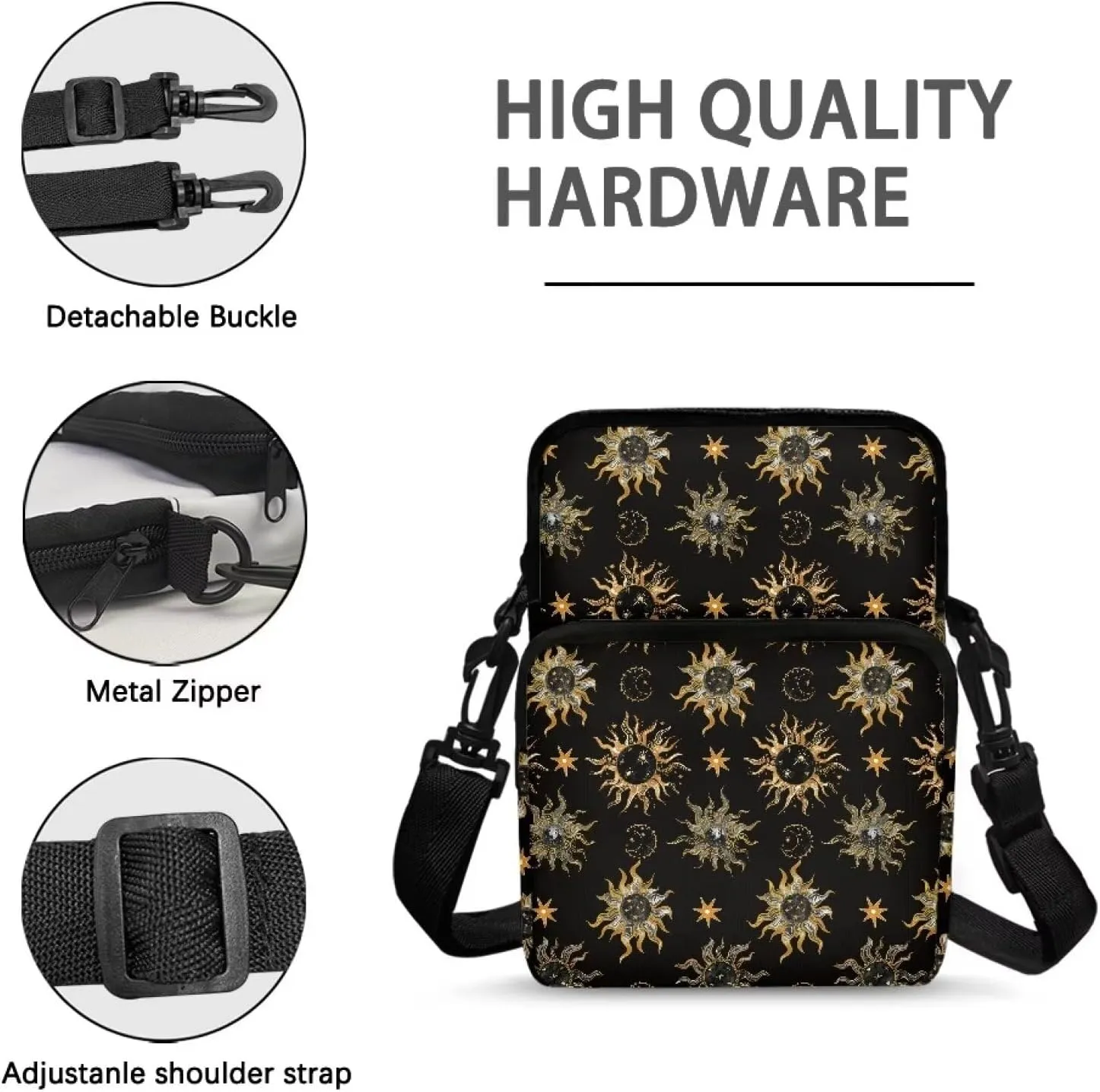 Vintage Sun Pattern Women Shoulder Handbag Multiple Pockets Bag Ladies Crossbody Purse Breathable Lightweight Handle Satchel