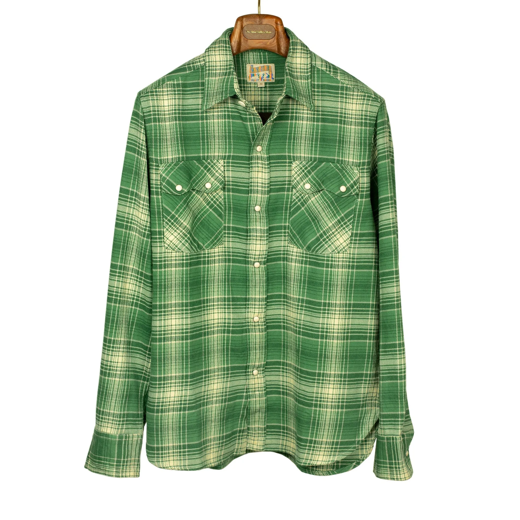 Washed flannel pearlsnap in "Evergreen Pines" rodeo plaid cotton