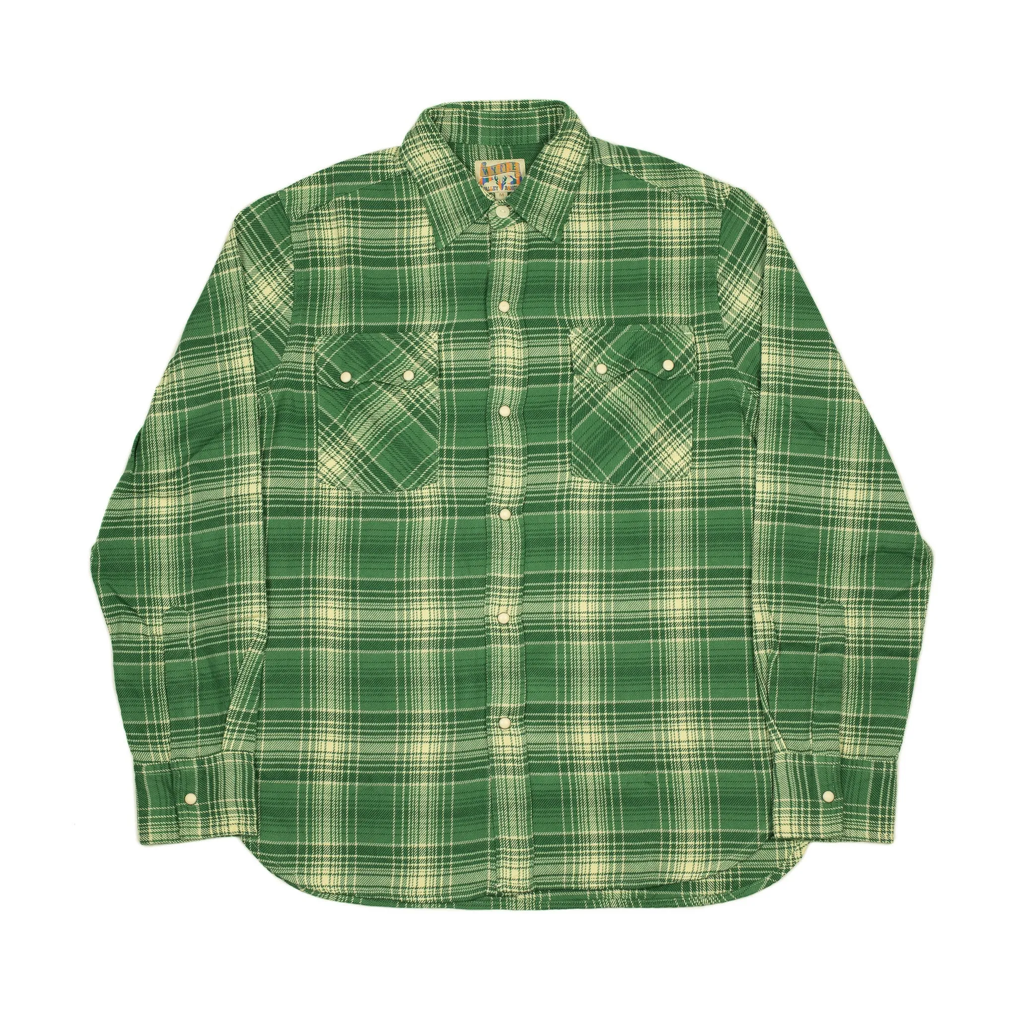 Washed flannel pearlsnap in "Evergreen Pines" rodeo plaid cotton