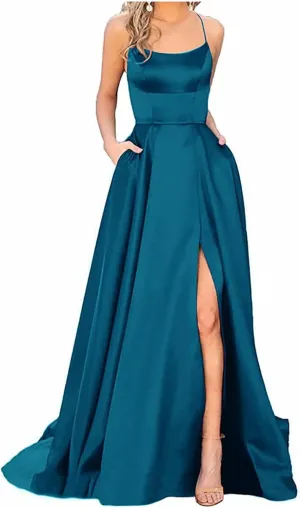 Wedding Guest Dresses for Women Spaghetti Strap Satin Backless Side Slit Long Prom Dress with Pockets Party Midi Dress