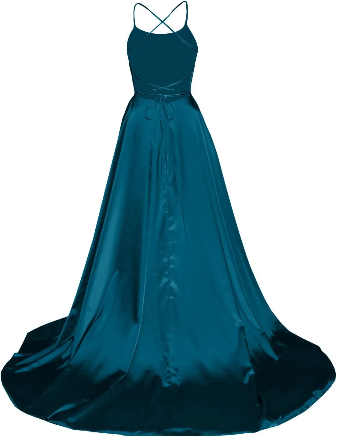 Wedding Guest Dresses for Women Spaghetti Strap Satin Backless Side Slit Long Prom Dress with Pockets Party Midi Dress