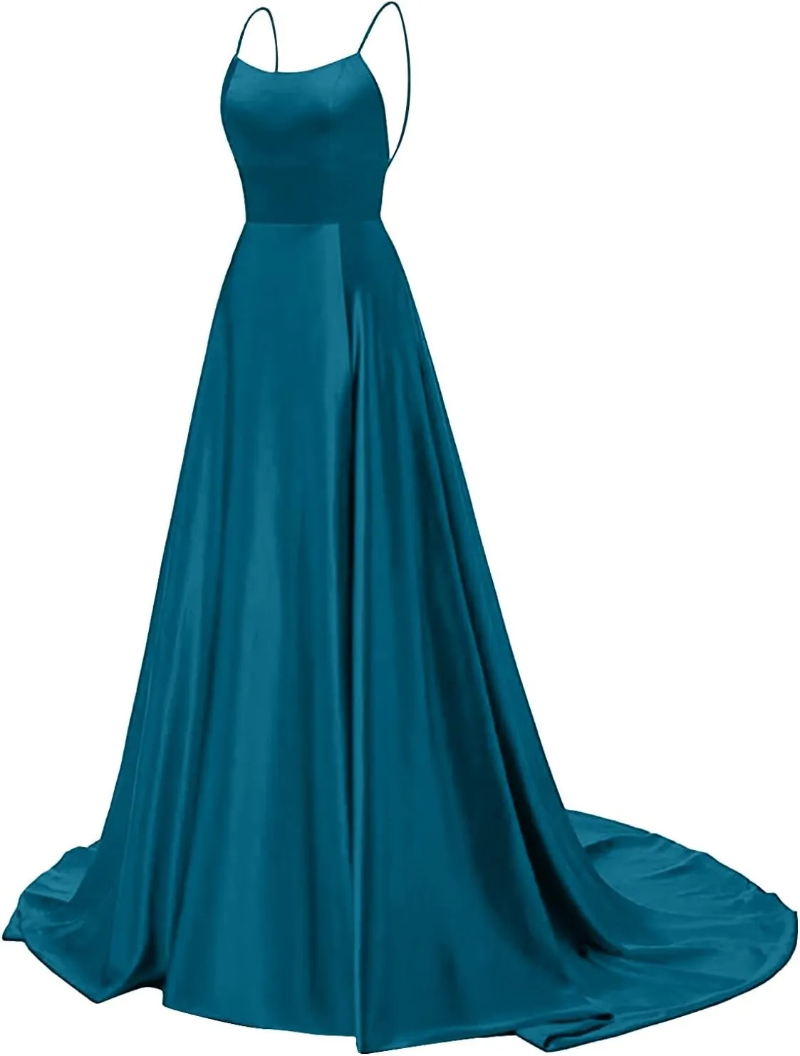 Wedding Guest Dresses for Women Spaghetti Strap Satin Backless Side Slit Long Prom Dress with Pockets Party Midi Dress