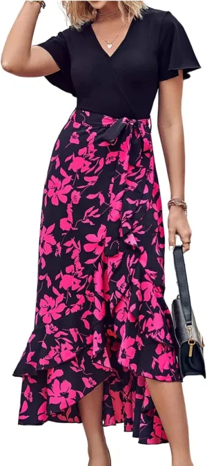 Wedding Guest Dresses for Women Summer Wrap V Neck Maxi Dress Short Sleeve Tie Waist Floral Ruffle Hem Split Long Dress