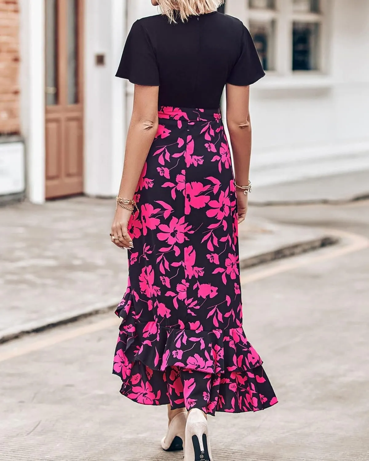 Wedding Guest Dresses for Women Summer Wrap V Neck Maxi Dress Short Sleeve Tie Waist Floral Ruffle Hem Split Long Dress
