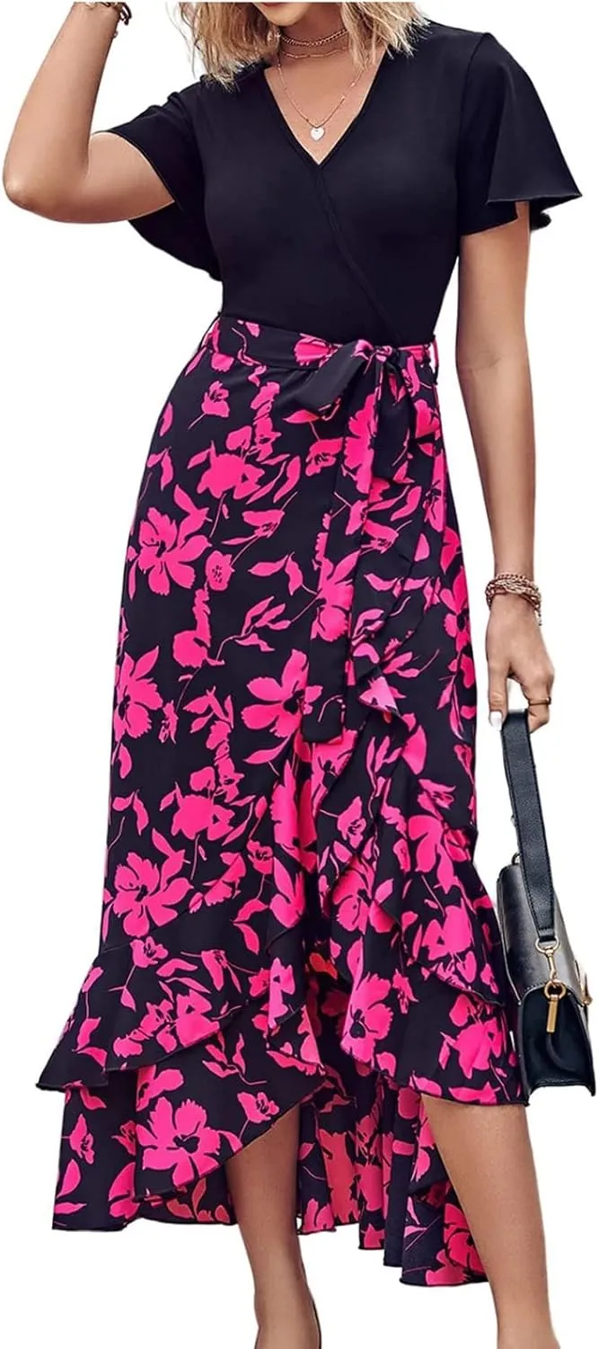 Wedding Guest Dresses for Women Summer Wrap V Neck Maxi Dress Short Sleeve Tie Waist Floral Ruffle Hem Split Long Dress