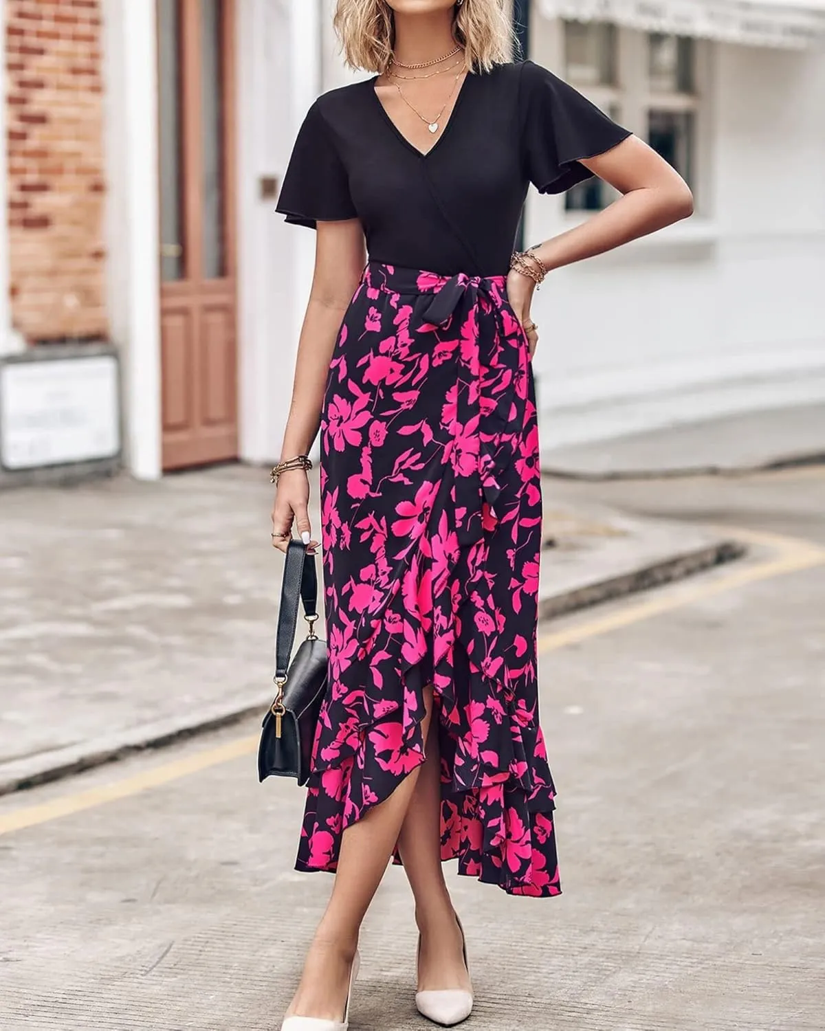 Wedding Guest Dresses for Women Summer Wrap V Neck Maxi Dress Short Sleeve Tie Waist Floral Ruffle Hem Split Long Dress