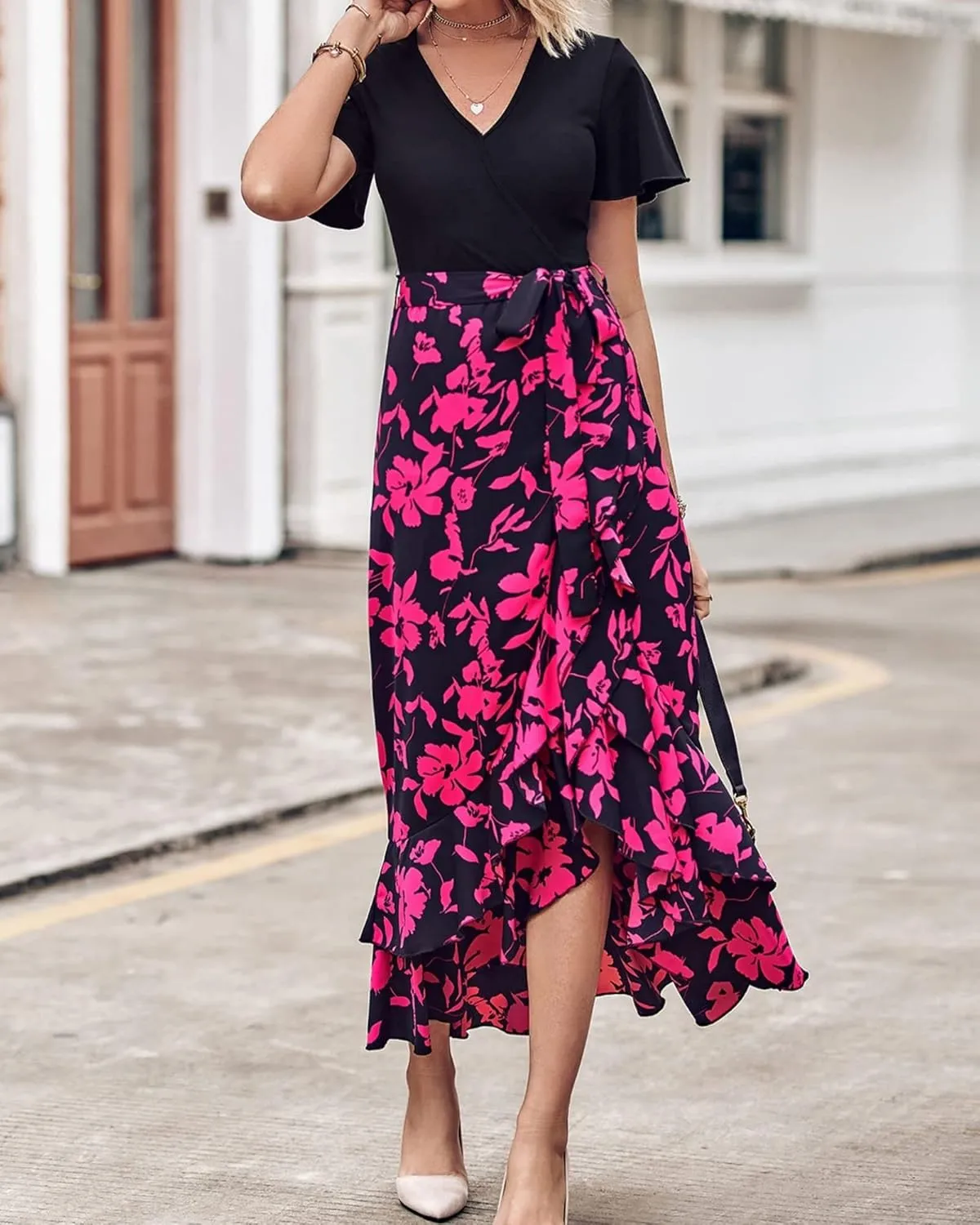 Wedding Guest Dresses for Women Summer Wrap V Neck Maxi Dress Short Sleeve Tie Waist Floral Ruffle Hem Split Long Dress