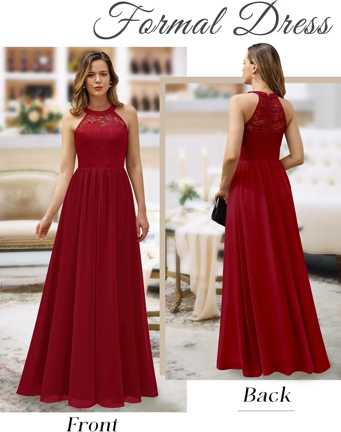 Wedtrend Women's Formal Dress, Halter Long Prom Dress Floral Lace Bridesmaid Dresses