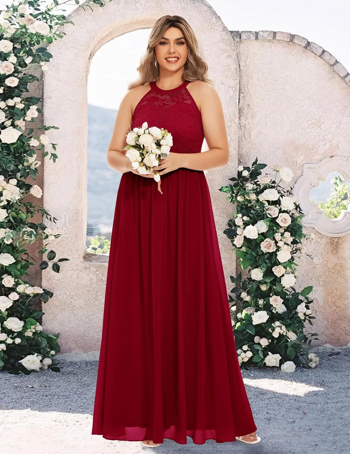 Wedtrend Women's Formal Dress, Halter Long Prom Dress Floral Lace Bridesmaid Dresses