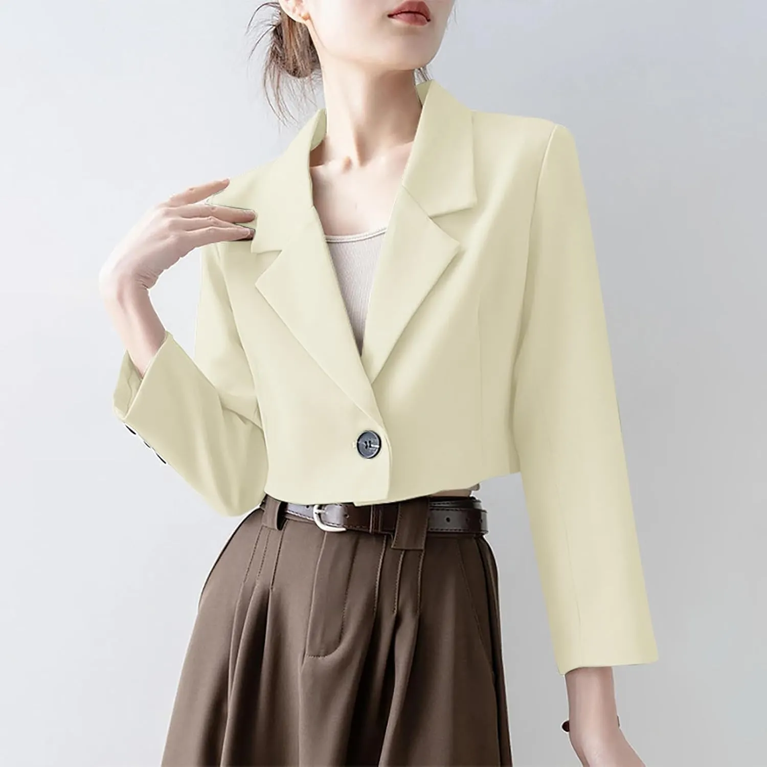 Wkishenl Women Cropped Blazers Fashion Business Long Sleeve Jackets Casual Nocth Lapel Open Front Blazer Solid Work Suits