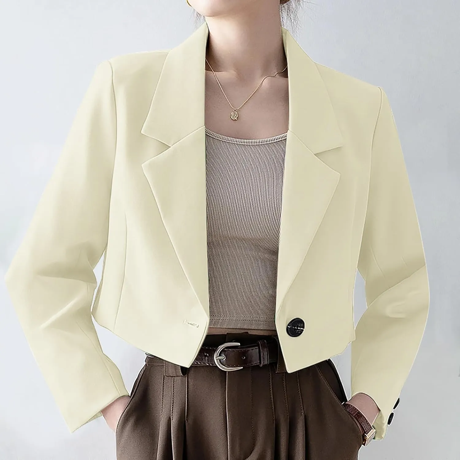 Wkishenl Women Cropped Blazers Fashion Business Long Sleeve Jackets Casual Nocth Lapel Open Front Blazer Solid Work Suits