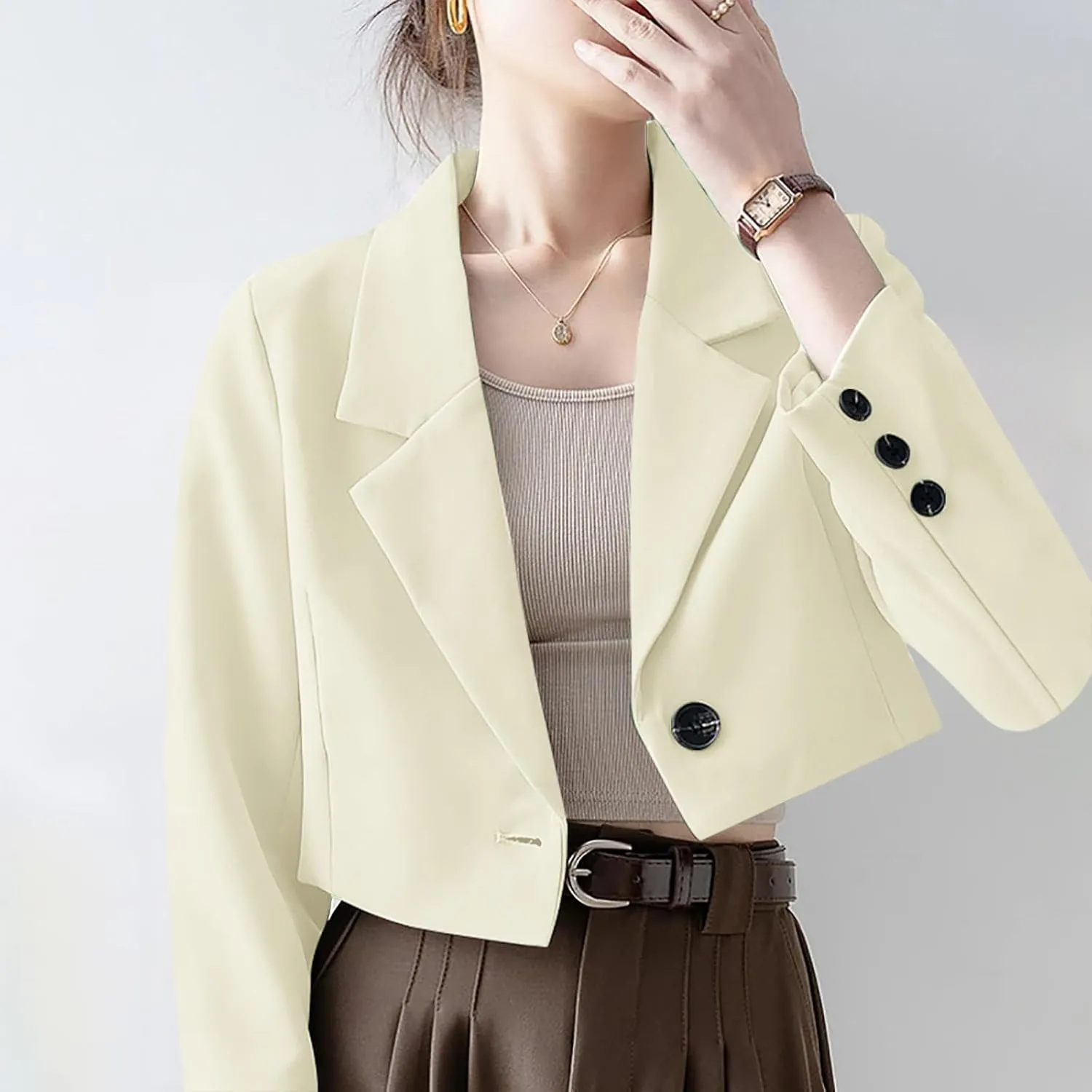 Wkishenl Women Cropped Blazers Fashion Business Long Sleeve Jackets Casual Nocth Lapel Open Front Blazer Solid Work Suits