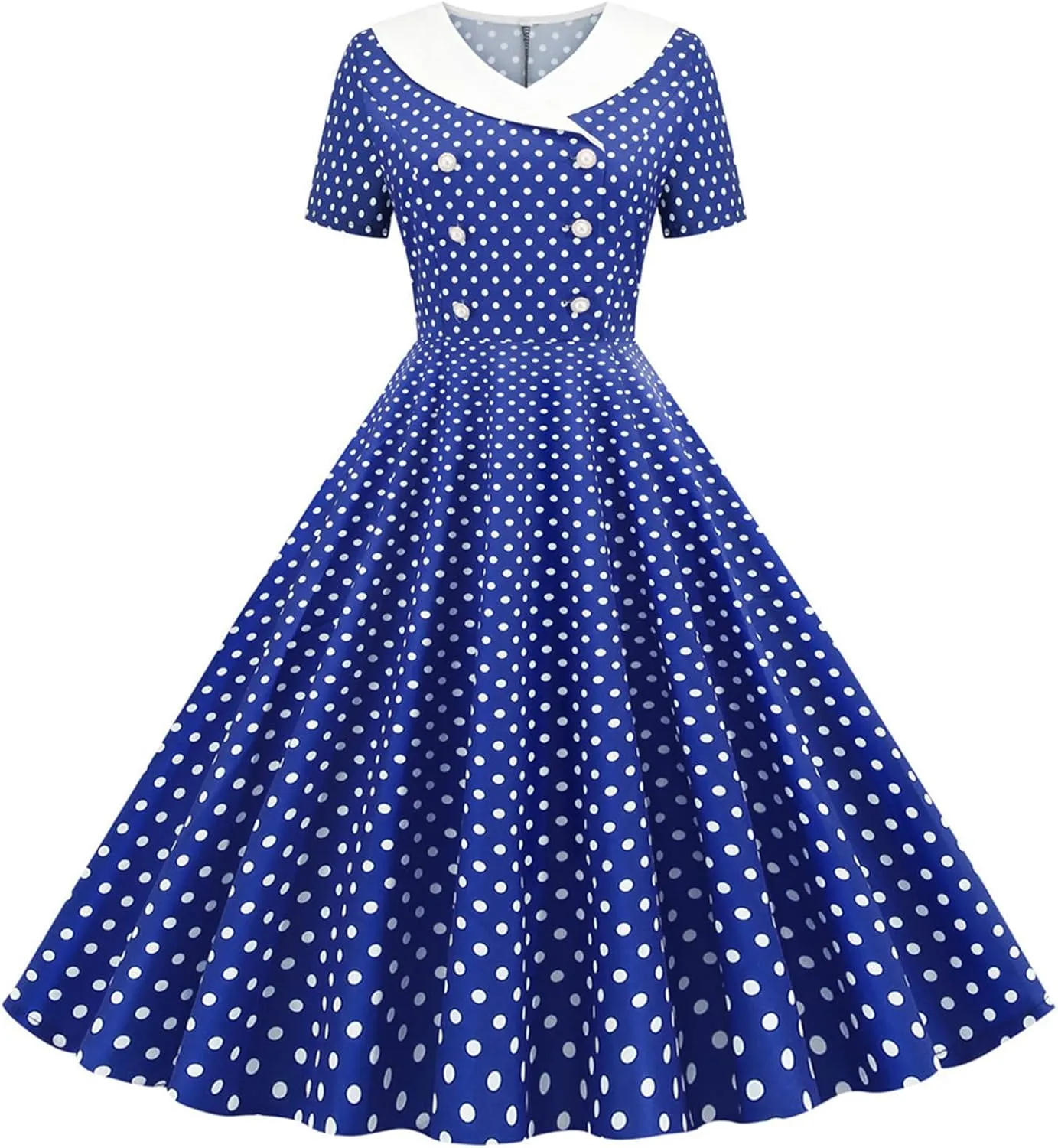 Women Double Breasted Notch Lapel 50s Vintage Short Sleeve Cocktail Swing Dress Polka Dot 1950s Prom Midi Dress