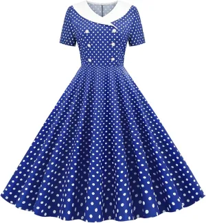Women Double Breasted Notch Lapel 50s Vintage Short Sleeve Cocktail Swing Dress Polka Dot 1950s Prom Midi Dress