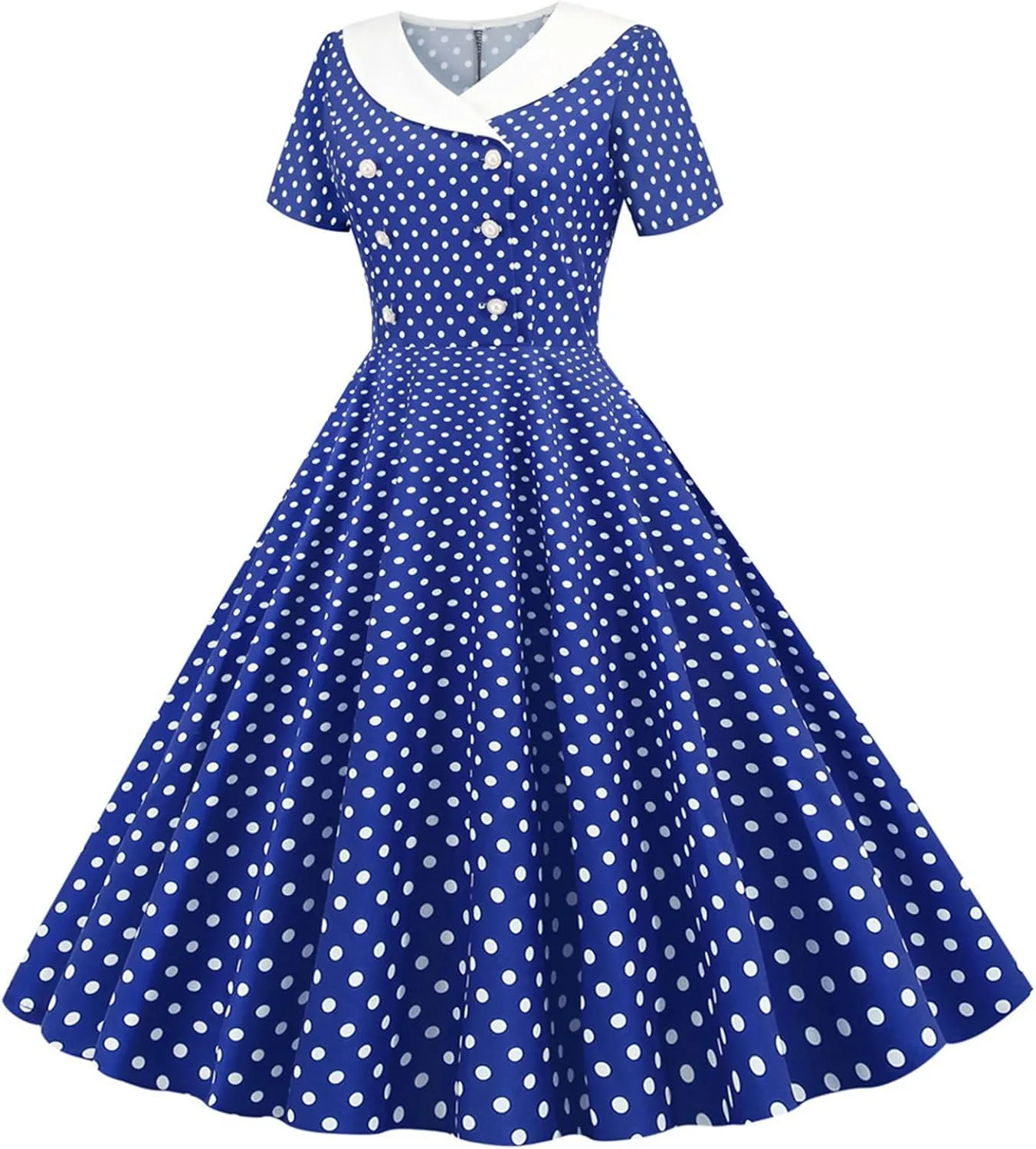 Women Double Breasted Notch Lapel 50s Vintage Short Sleeve Cocktail Swing Dress Polka Dot 1950s Prom Midi Dress
