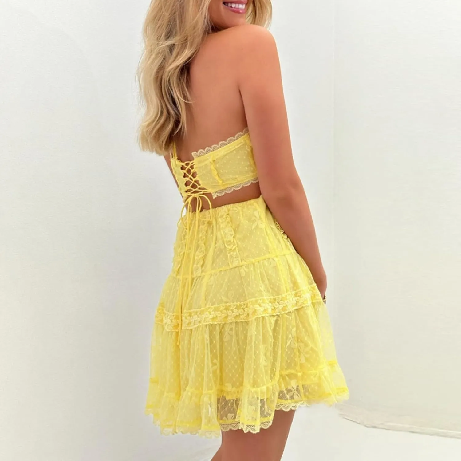 Women Halter Lace Mini Dress Y2k Sleeveless Backless Deep V Neck Tie Back Flowy Ruffle Boho Beach Party Short Dress