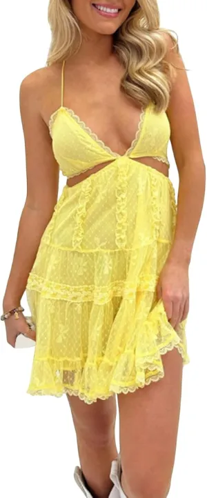 Women Halter Lace Mini Dress Y2k Sleeveless Backless Deep V Neck Tie Back Flowy Ruffle Boho Beach Party Short Dress