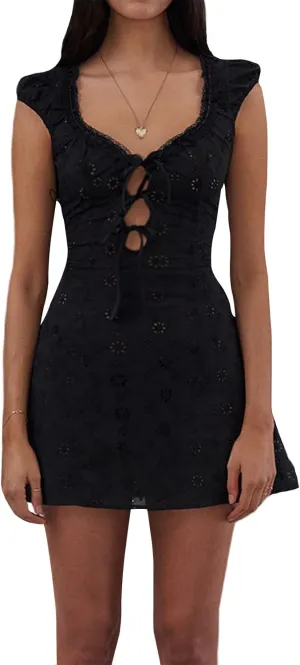 Women Hollow Out Eyelet Lace Mini Dress Short Puff Sleeve Tie Up A-Line Dress Y2k Strap Ruffle Flowy Short Dress