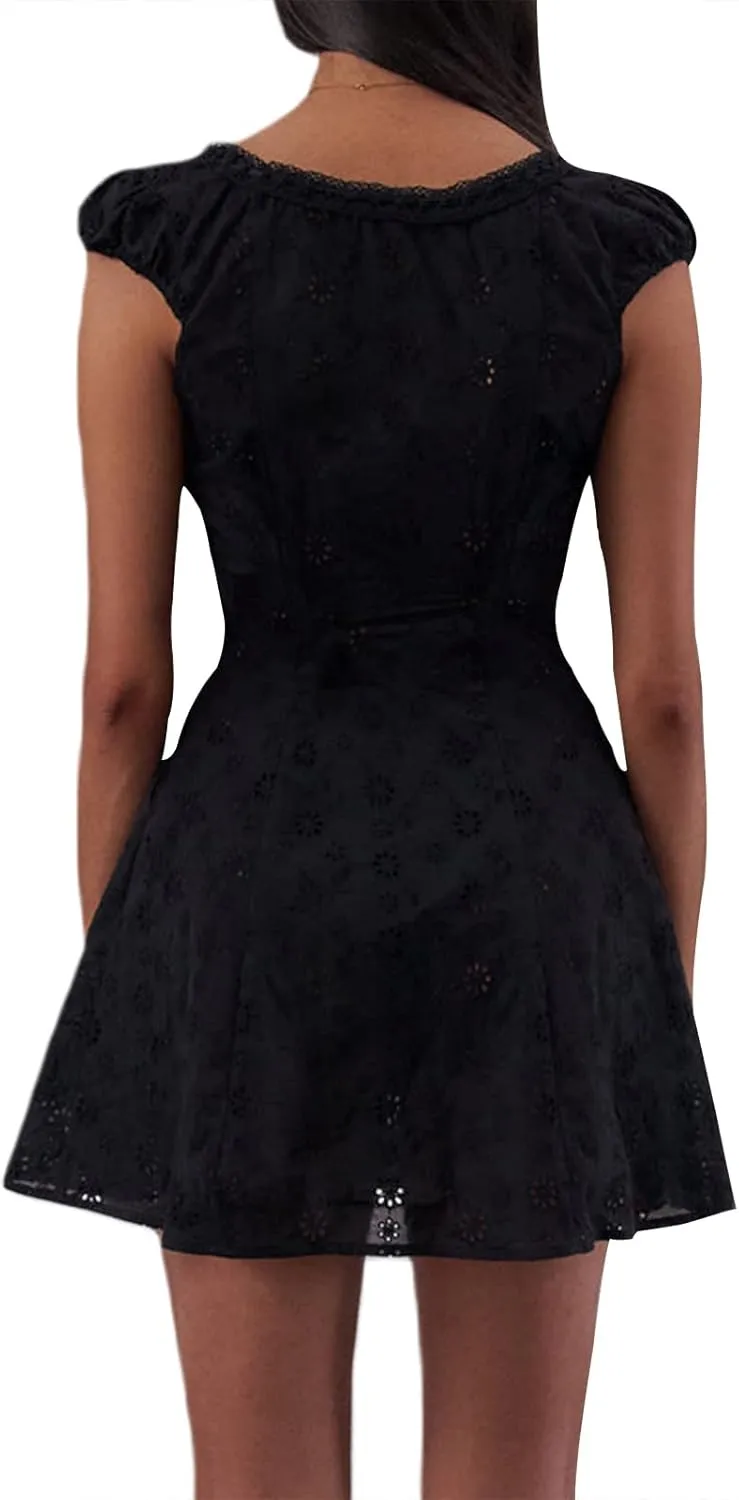 Women Hollow Out Eyelet Lace Mini Dress Short Puff Sleeve Tie Up A-Line Dress Y2k Strap Ruffle Flowy Short Dress