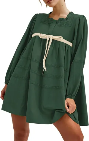 Women Long Puff Sleeve Flowy Mini Dress Cute Bow Tie Front Babydoll Bow Dress Trendy Embroidered A-line for Women