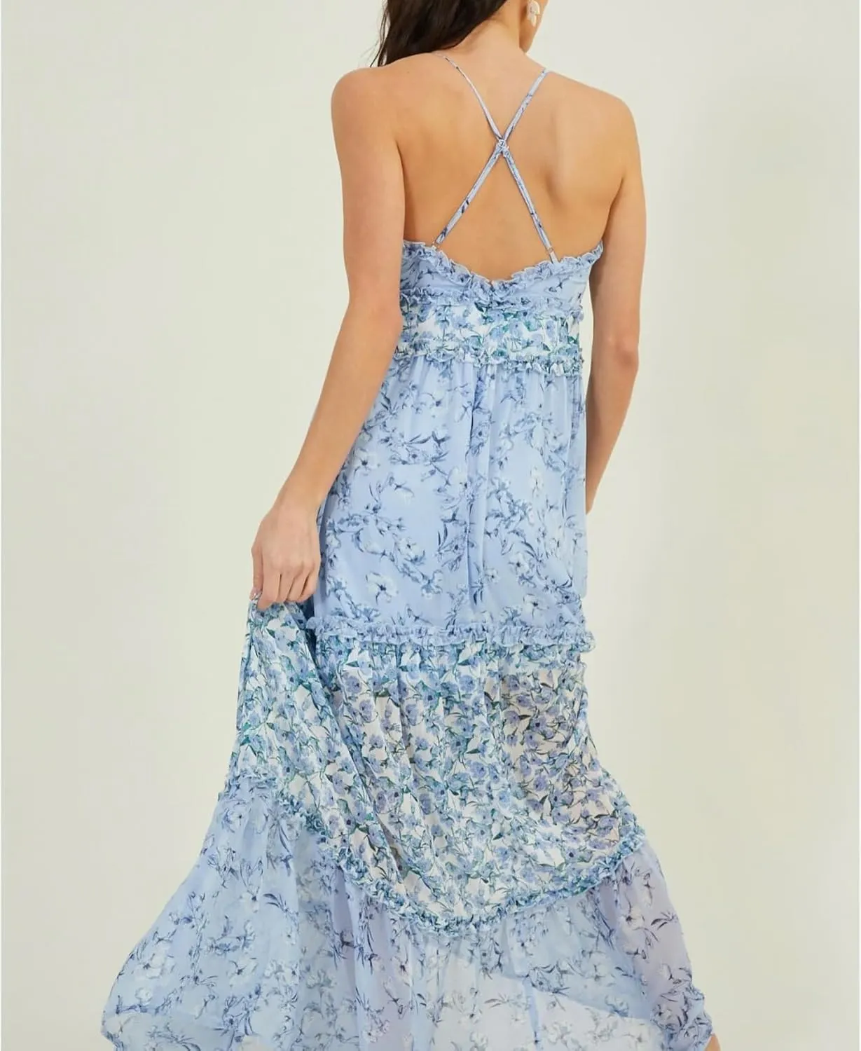 Women Spaghetti Strap Tie Shoulder Floral Maxi Dress Y2k Lace Trim Ruffle Long Dress Summer Boho Flowy Sundress