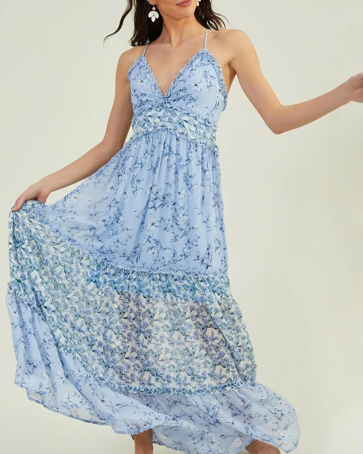 Women Spaghetti Strap Tie Shoulder Floral Maxi Dress Y2k Lace Trim Ruffle Long Dress Summer Boho Flowy Sundress